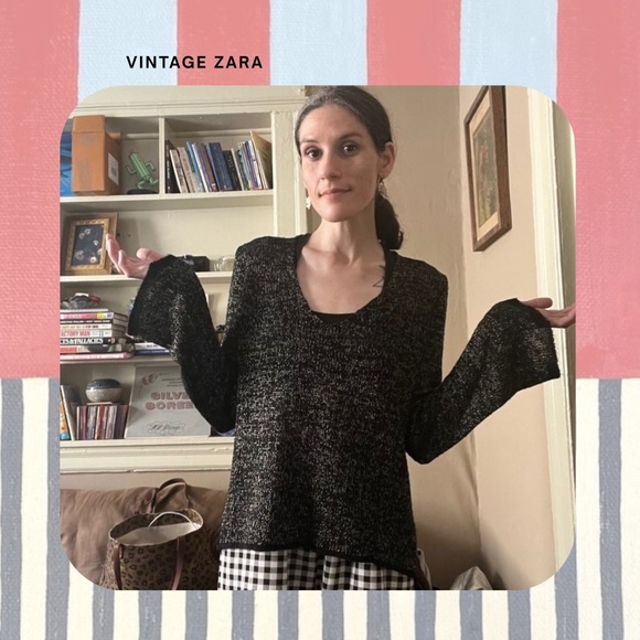 Zara black & silver metallic v-neck long bell sleeve knit sweater - Picture 4 of 15